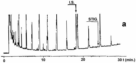 Gascromatogrammi ottenuti da campioni di olio d'oliva analizzati su colonna capillare di silice fusa (0,25 mm di diametro interno, della lunghezza di 25 m) ricoperti di fenilmetilsilicone al 5 %, con uno spessore 0,25 mm.