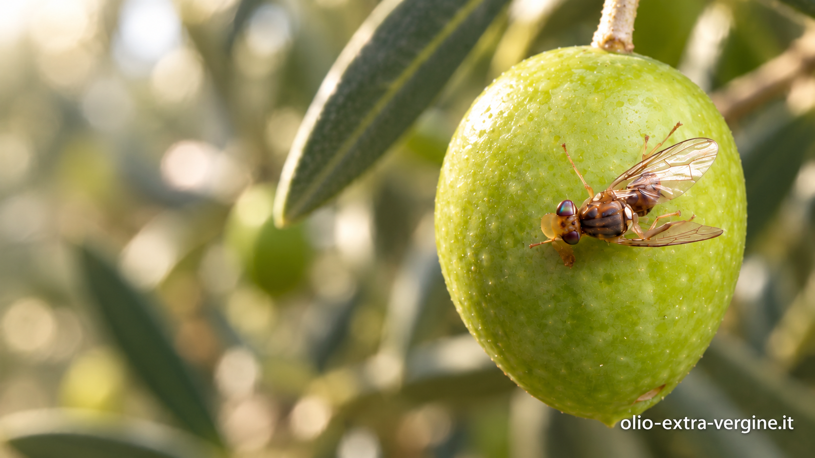 Mosca dell’olivo su un’oliva verde