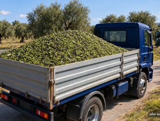Camion blu colmo di olive