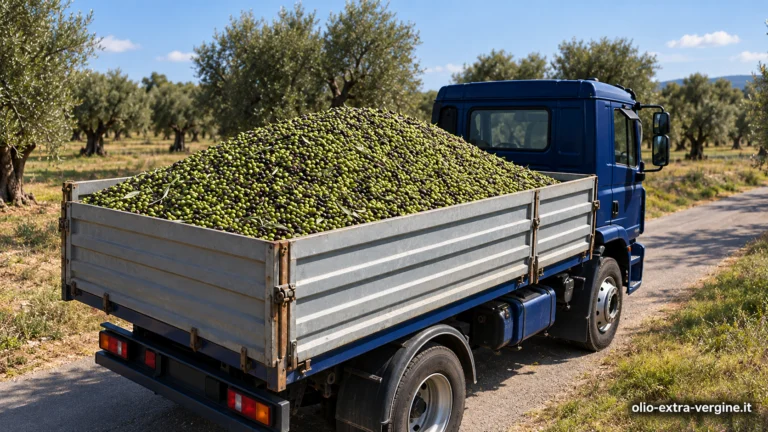 Olive ai frantoi entro sei ore: il MASAF prevede il rinvio al 2027 1 Camion blu colmo di olive