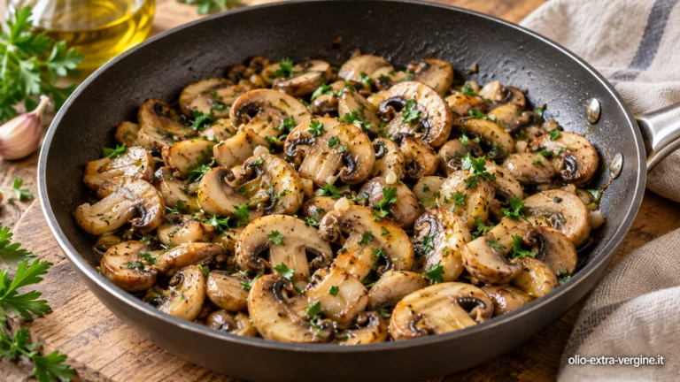 Funghi champignon in padella con olio extravergine delicato 1 Champignon dorati in padella