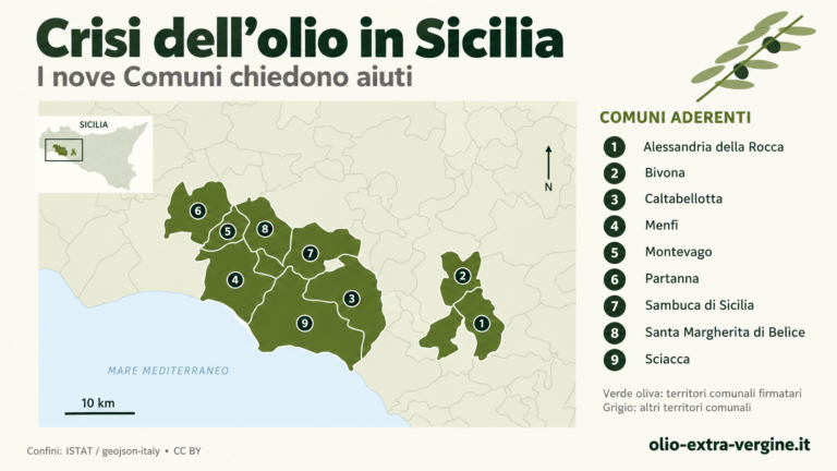 Crisi dell’olio in Sicilia, nove Comuni chiedono aiuti: «Attendiamo lo stato di crisi» 2 Mappa dei nove Comuni dellolio siciliano