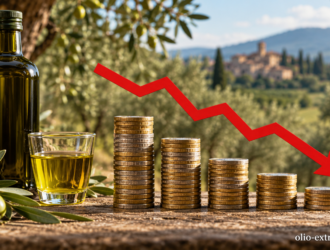 Calo dei prezzi dell’olio extravergine, rappresentato da pile di monete decrescenti e una freccia rossa verso il basso.