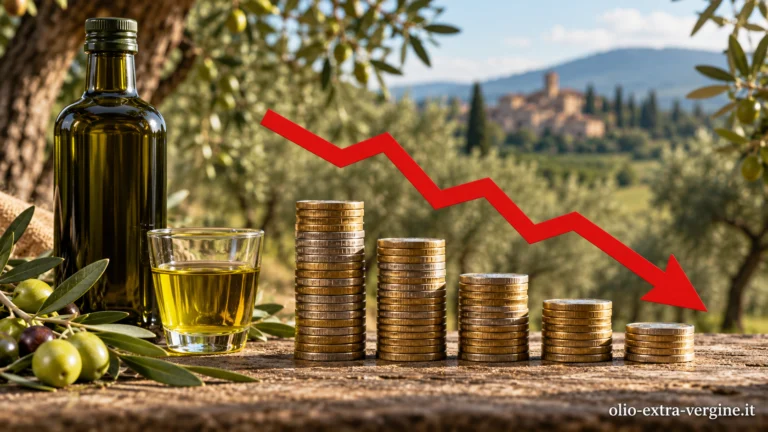 Prezzi olio extravergine, Bari scende a 4,30 euro: cosa dicono le quotazioni di ottobre 1 Calo dei prezzi dell’olio extravergine, rappresentato da pile di monete decrescenti e una freccia rossa verso il basso.
