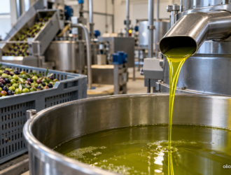 Olio appena estratto al frantoio, con macchinari in acciaio e cassette di olive.