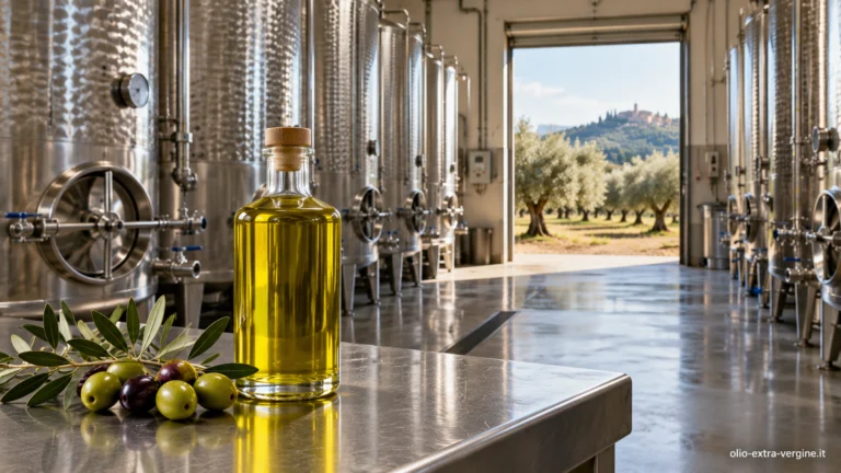 Olio italiano invenduto e prezzi in calo: cosa sta succedendo nel 2026 1 Bottiglia di olio extravergine e olive davanti ai serbatoi in acciaio di un frantoio.
