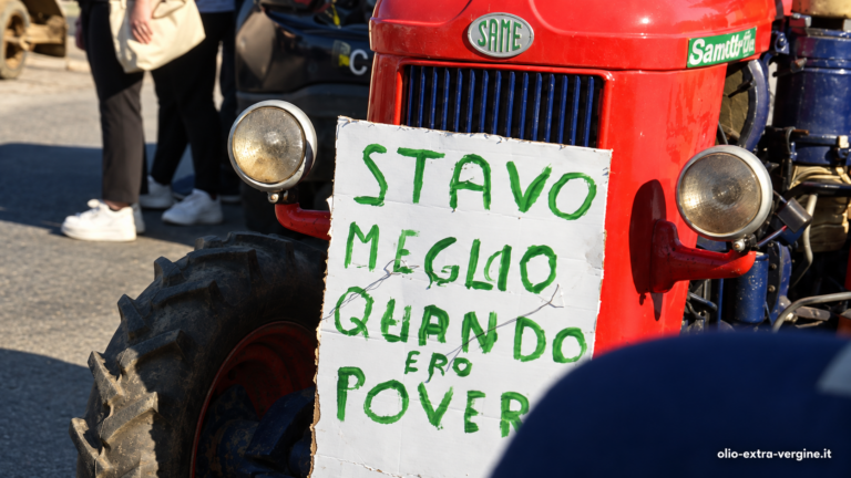 Proteste degli agricoltori tra Puglia e Calabria: caro gasolio e prezzo dell’olio al centro della crisi 4 Trattore rosso con cartello di protesta