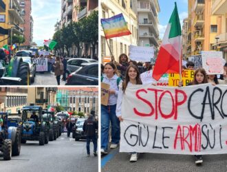 trattori e studenti che protestano